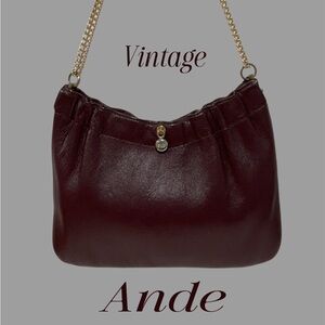 ANDE Vintage Leather Hand Bag Double Gold Chain Pop Top Closure Burgundy